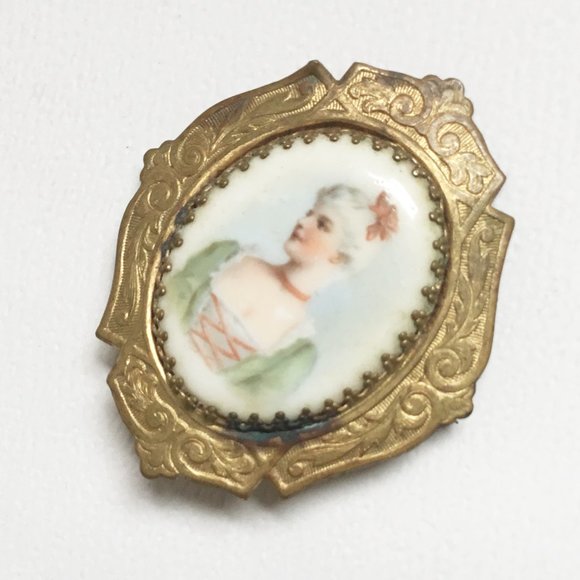 Vintage Hand Painted Portrait Cameo Style Woman Victorian Revival Brooch As Is - Picture 2 of 7